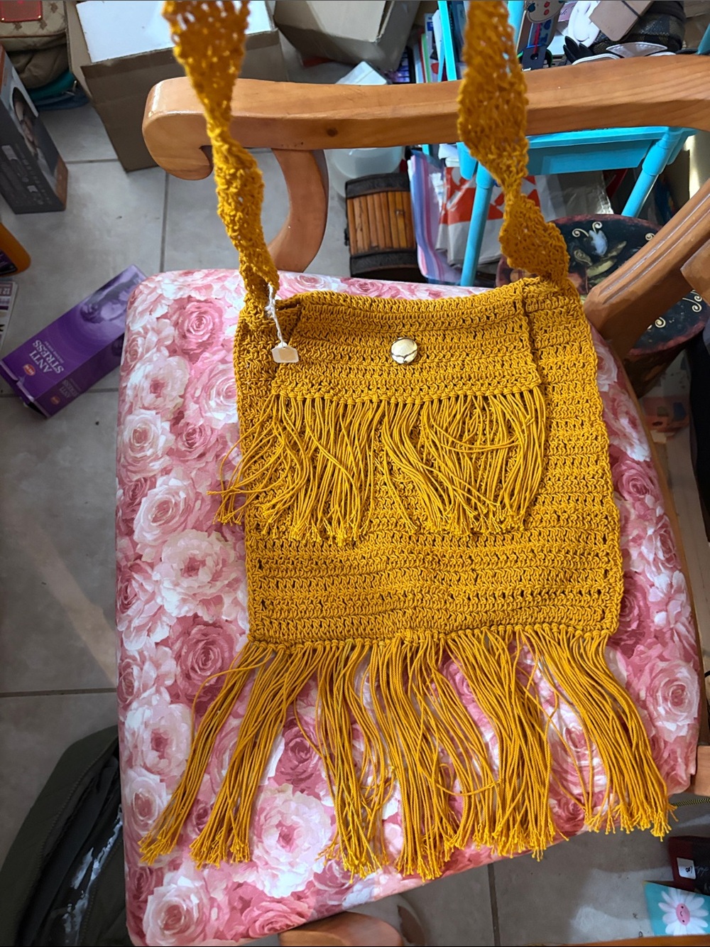 Handmade Mustard Fringe Crochet Shoulder Bag